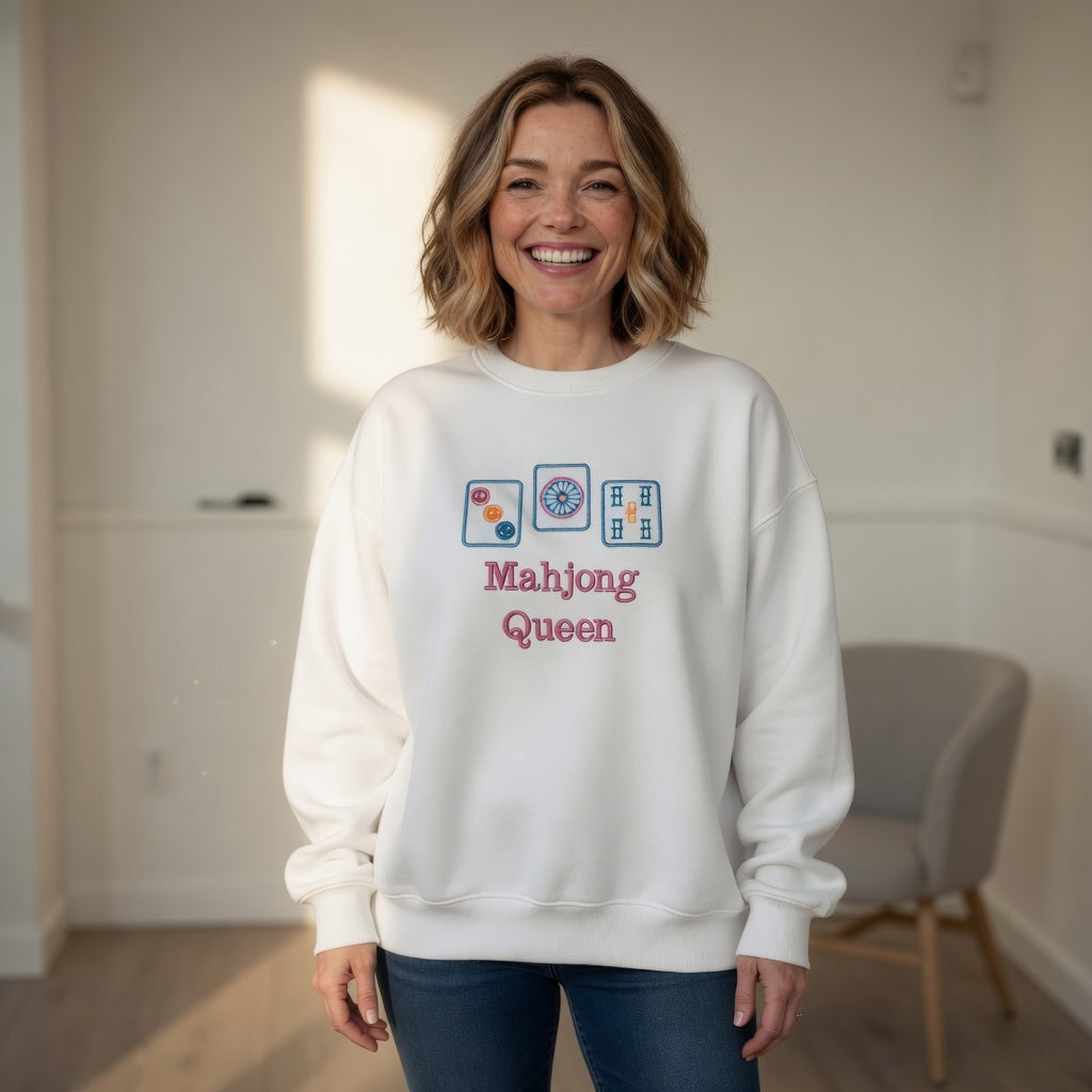 Mahjong Queen Embroidered Pullover Sweatshirt | Black or White