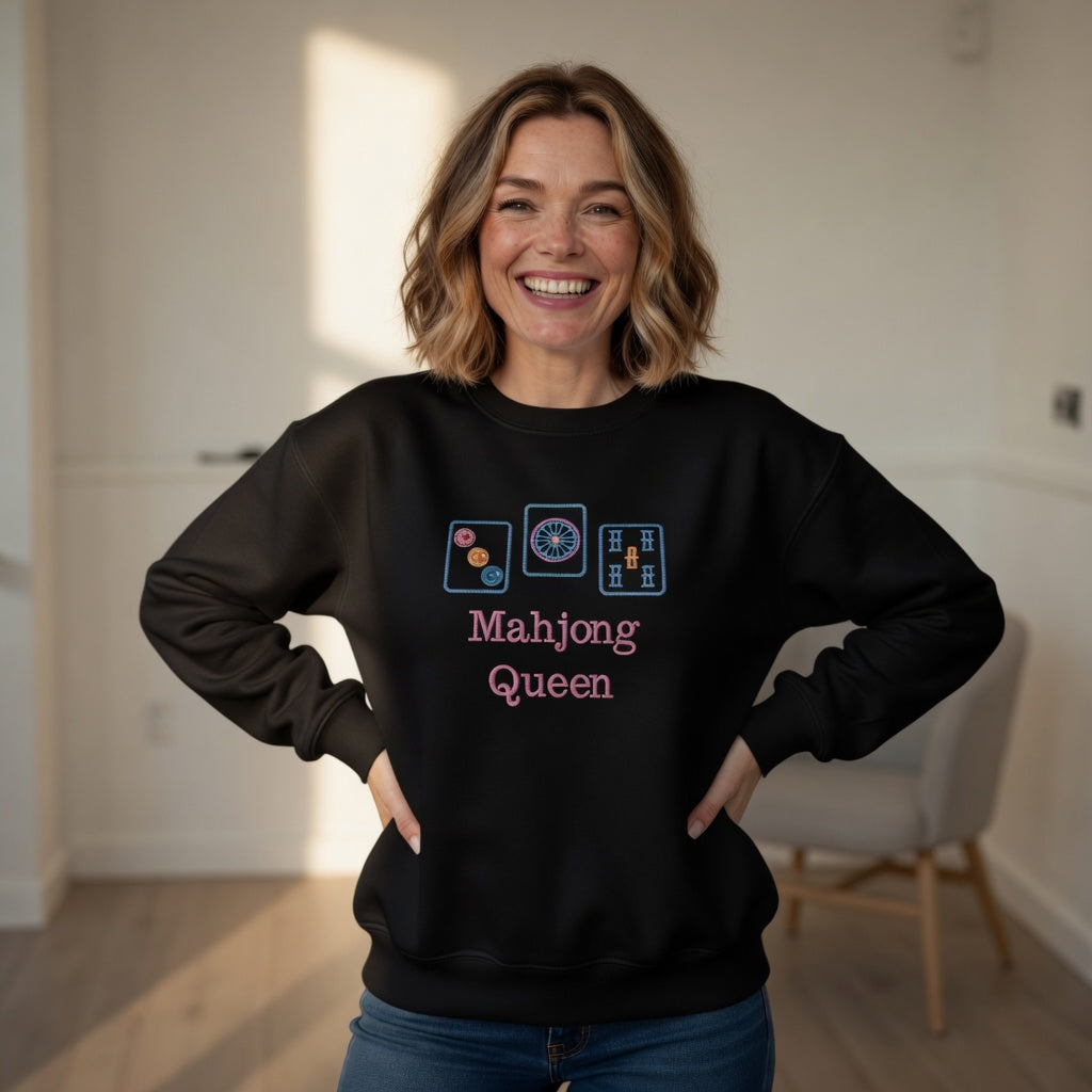 Mahjong Queen Embroidered Pullover Sweatshirt | Black or White