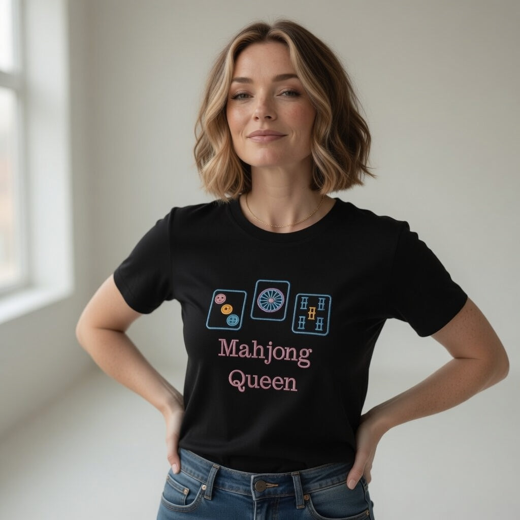 Mahjong Queen Embroidered Short Sleeve Tee Shirt | Black or White