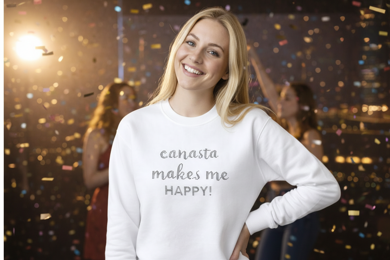 #608A Rhinestone “Makes Me Happy” Pullover Sweatshirt /  Black or White