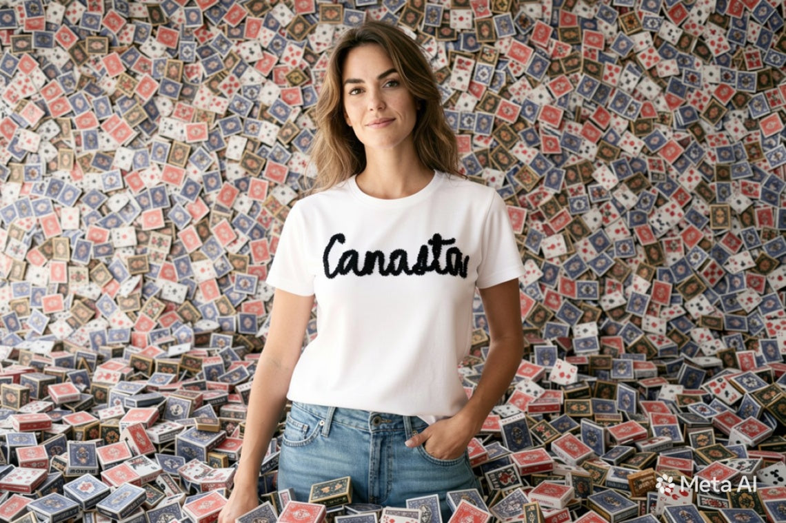 Woman wearing a white t-shirt with 'Canasta' text in front of a wall covered with playing cards.