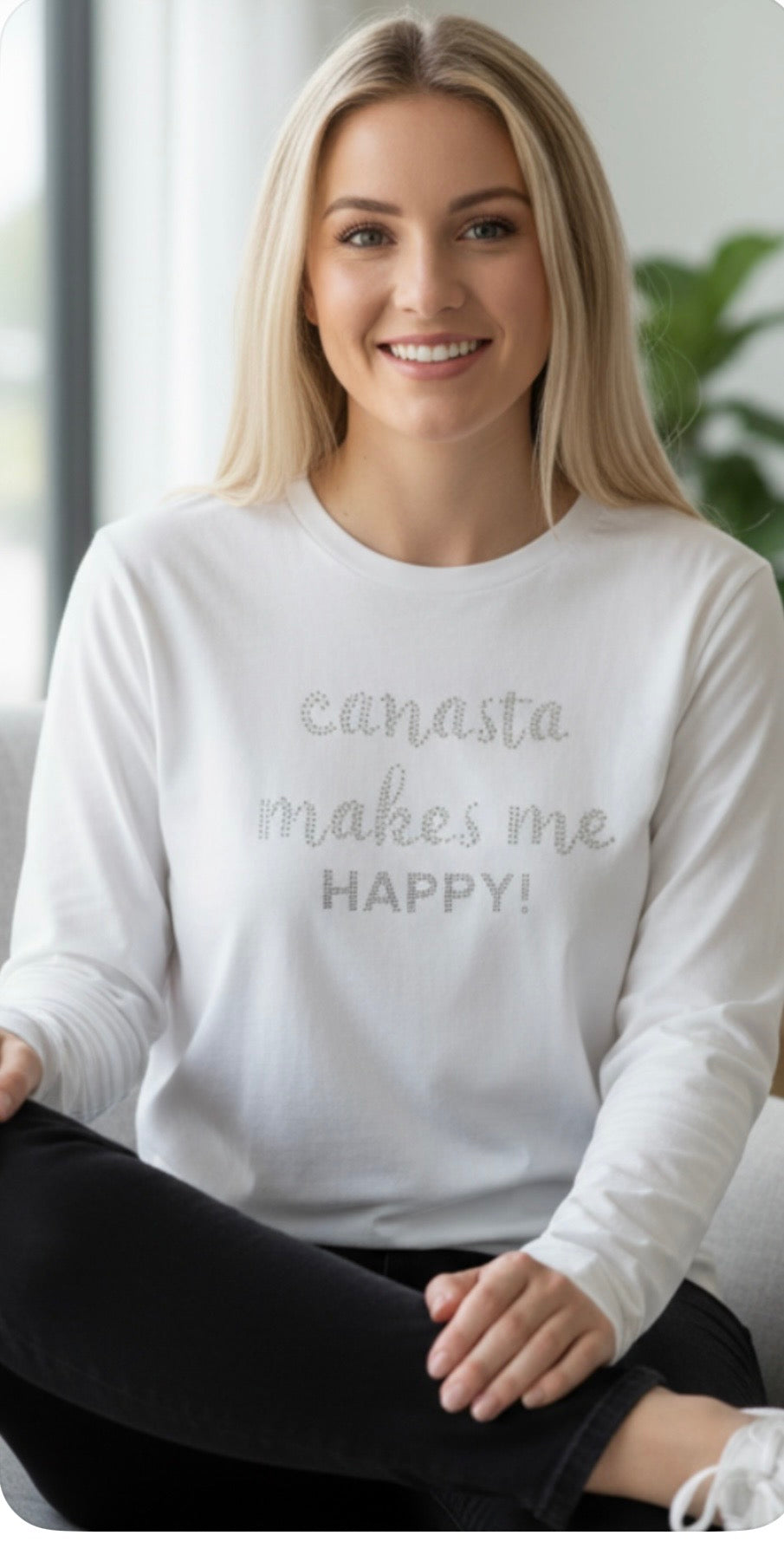 #608B Rhinestone “Makes Me Happy “ Long Sleeve Tee Shirt /  Black or White