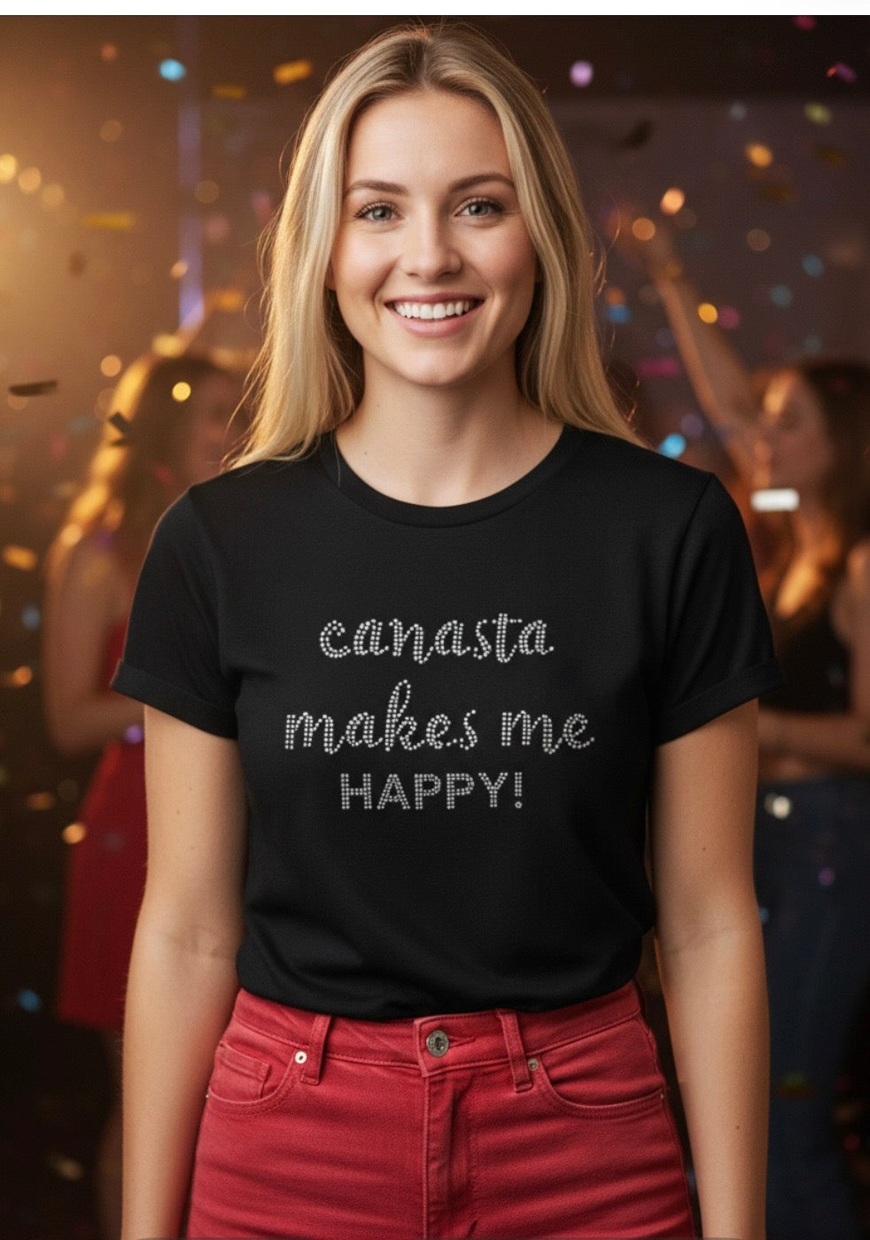 #608C Rhinestone “Makes Me Happy” Short Sleeve Tee Shirt /  Black or White