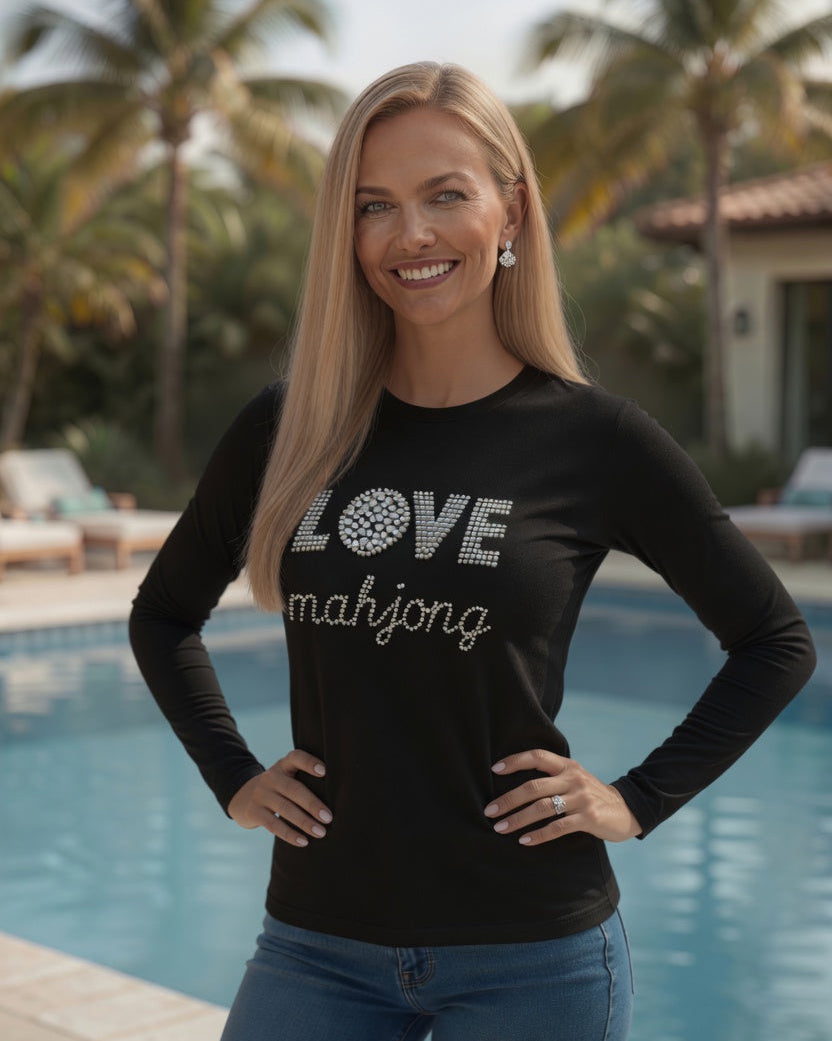 Woman by the pool wearing long sleeve in black with rhinestone design text LOVE mahjong 