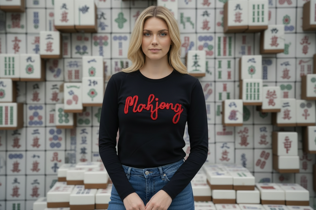 Person wearing a black sweater with 'Mahjong' text in red, standing in front of a wall of mahjong boxes.