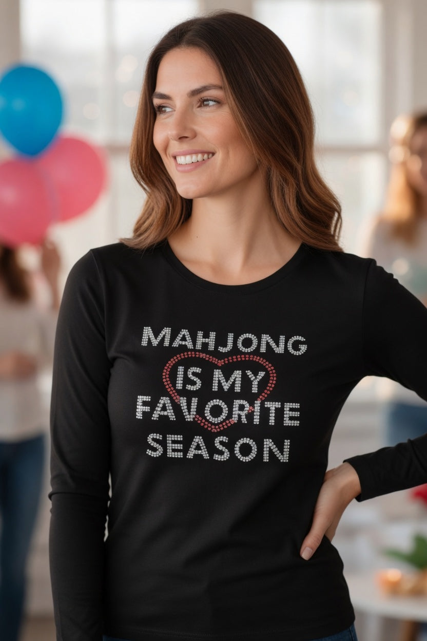Rhinestone Mahjong Favorite Long Sleeve Tee | Black or White