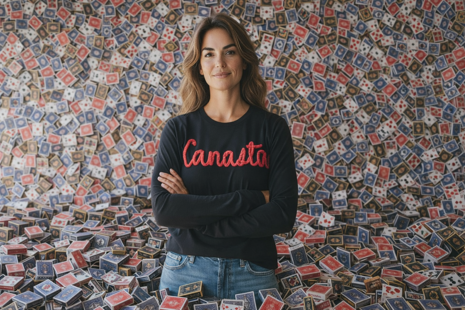 Person wearing a black sweater with 'Canasta' text in front of a colorful mosaic wall.