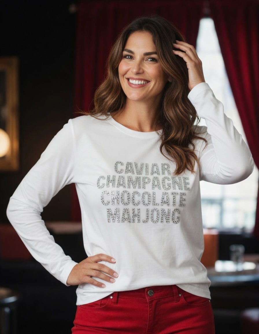 Woman wearing design Caviar Mahjong in black long sleeve, design in rhinestone crystals