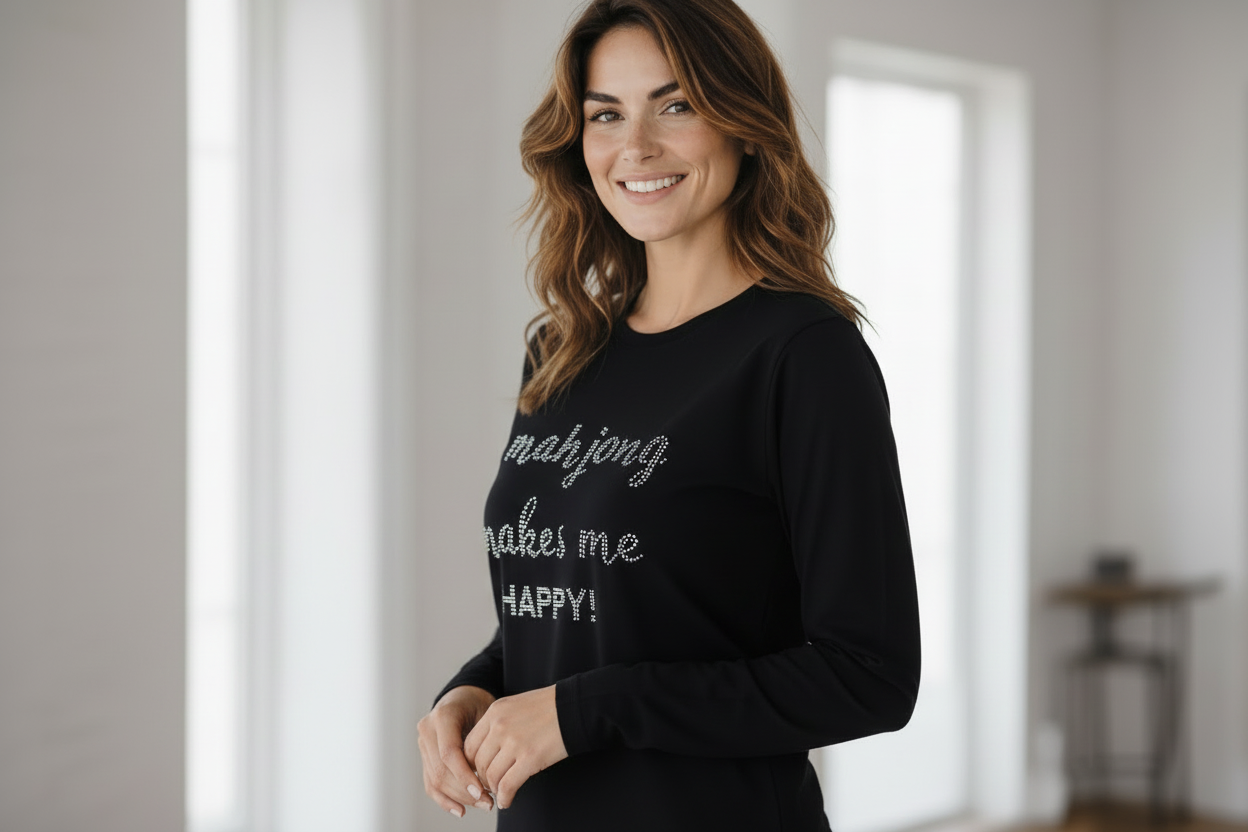 #607B Mahjong Happy Long Sleeve Tee Shirt /  Black or White