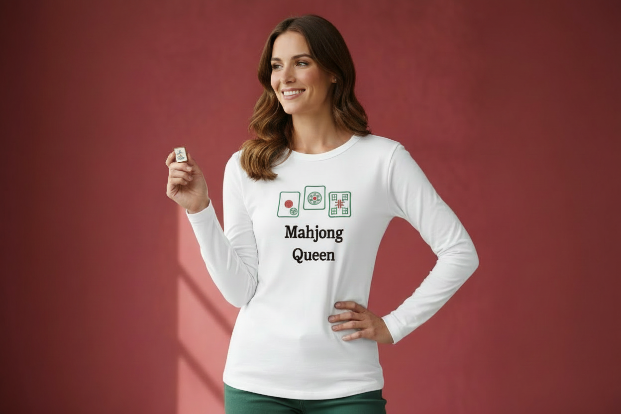 #401B Mahjong Queen Long Sleeve Tee Shirt  /  Black or White
