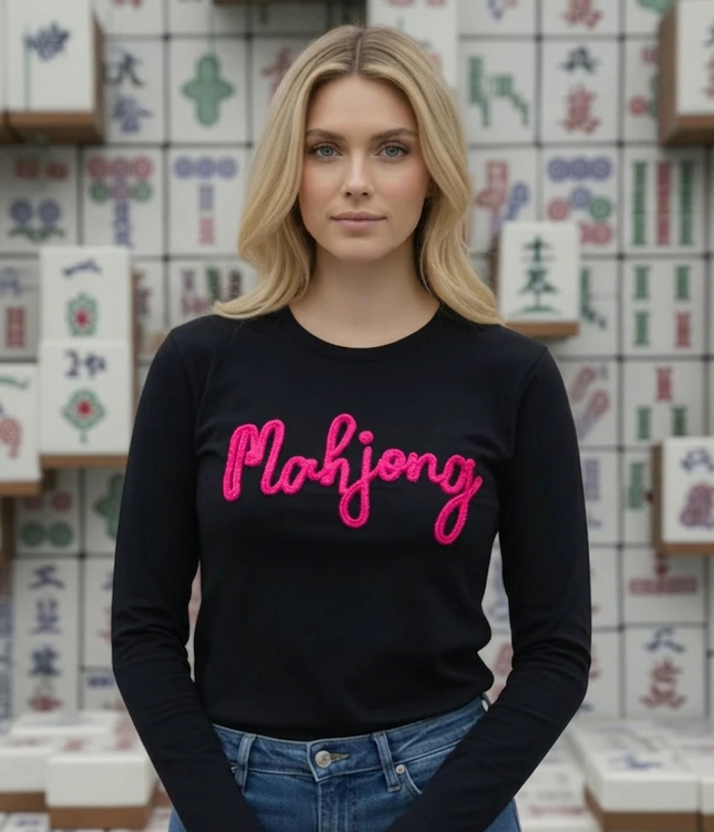 Mahjong Embroidered Chenille Long Sleeve Tee Shirt  | Black or White