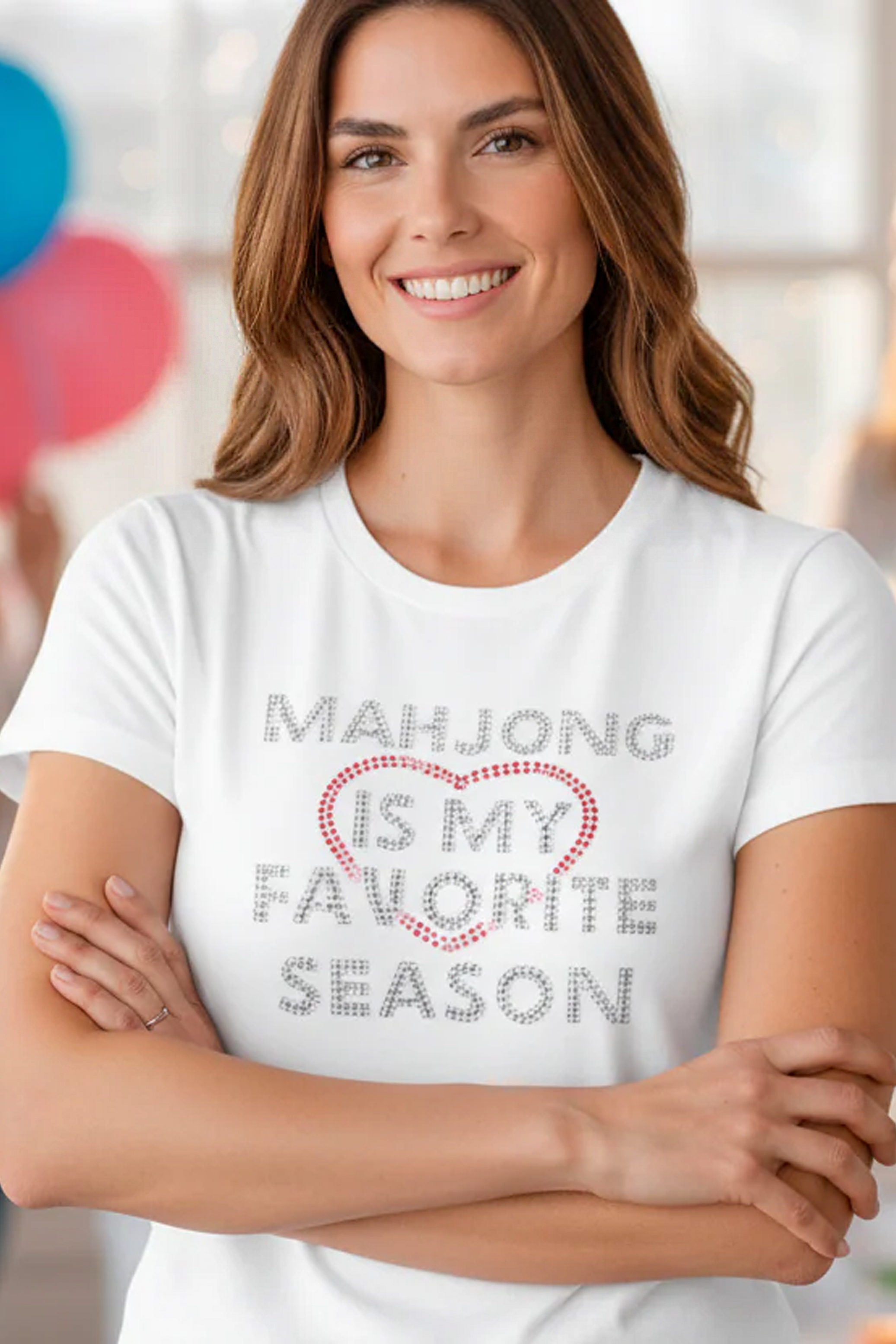 Woman wearing a white t-shirt with 'Mahjong is my favorite season' text.