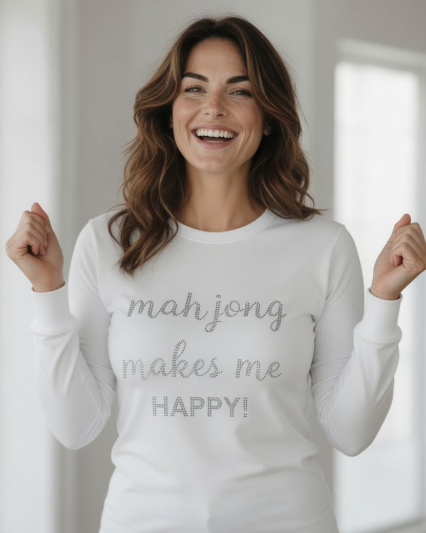 Rhinestone Mahjong Happy Long Sleeve Tee Shirt |  Black or White