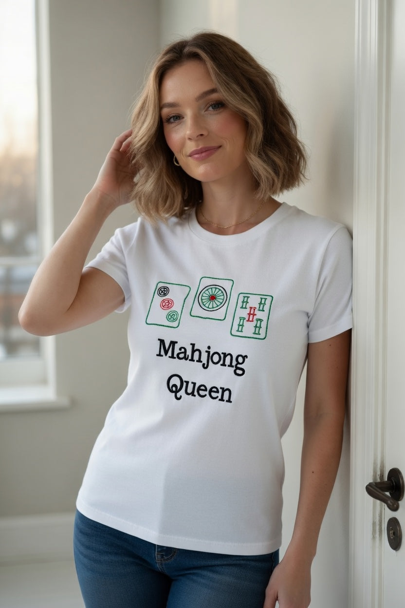 Mahjong Queen Embroidered Short Sleeve Tee Shirt | Black or White