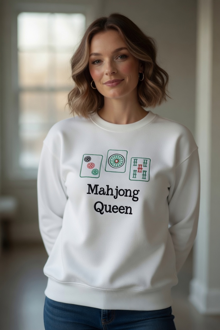 Woman wearing white sweatshirt pullover tee with embroided mahjong queen design in interior settings