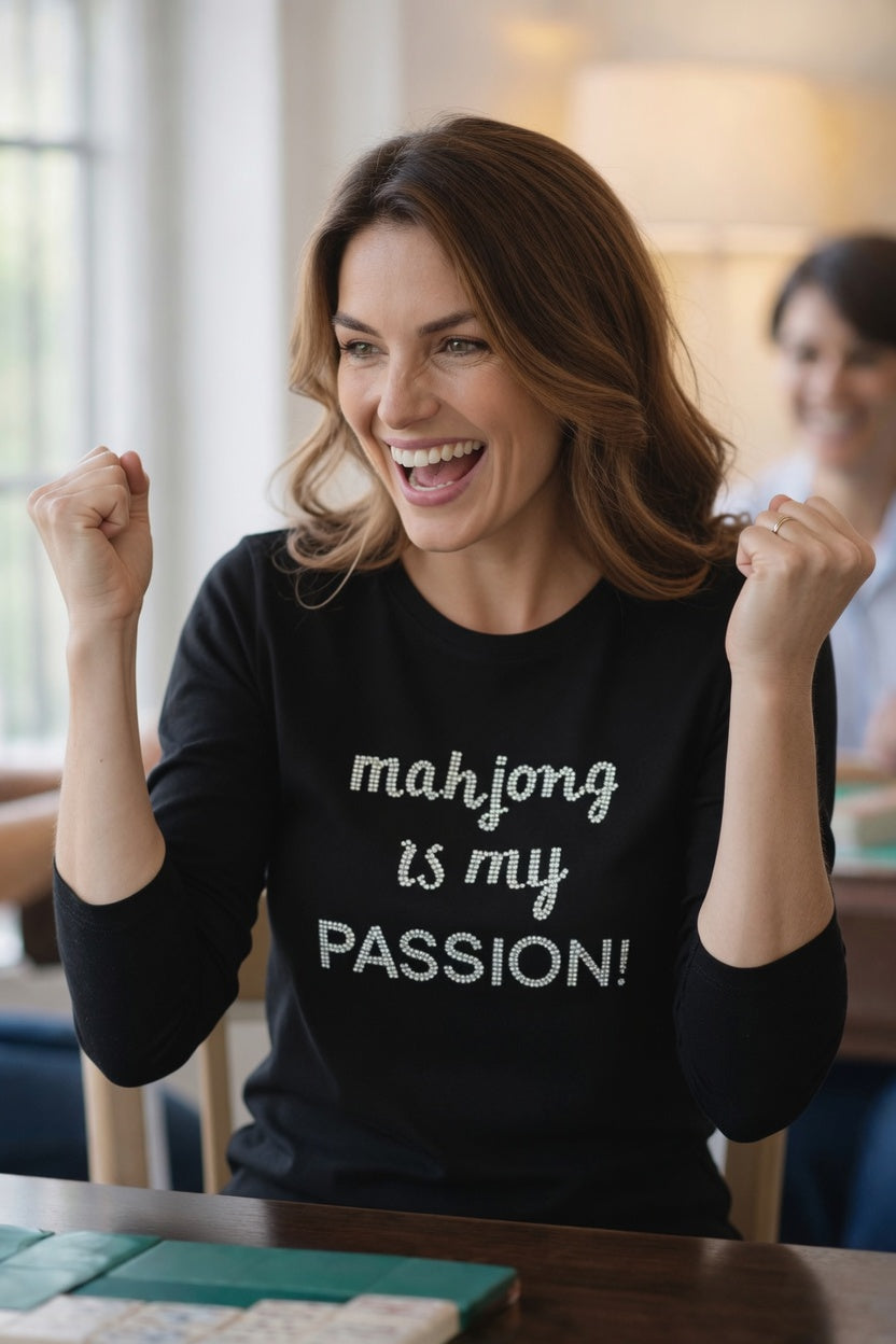 Woman wearing black longsleeve Mahjong is my passion Rhinestone Crsytals design, playing mahjong